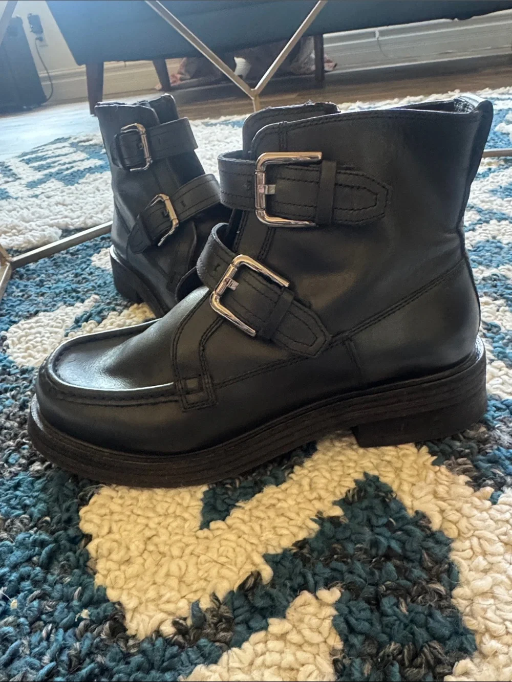 Free People Black Double-Buckle Leather Ankle Boots